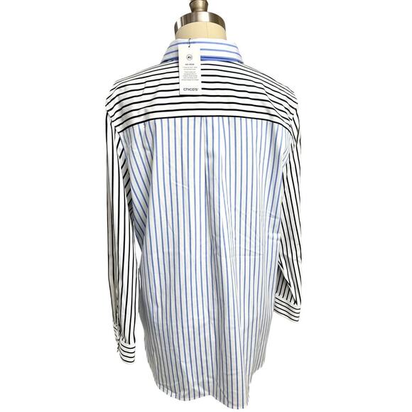 NWT Chico’s No-Iron Mixed Stripe Tunic / Shirt Chico SZ 3, Blue / Black / White - Picture 3 of 3